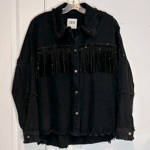 Zara | Black Western Rhinestone Fringe Denim Jean Shirt Jacket - M